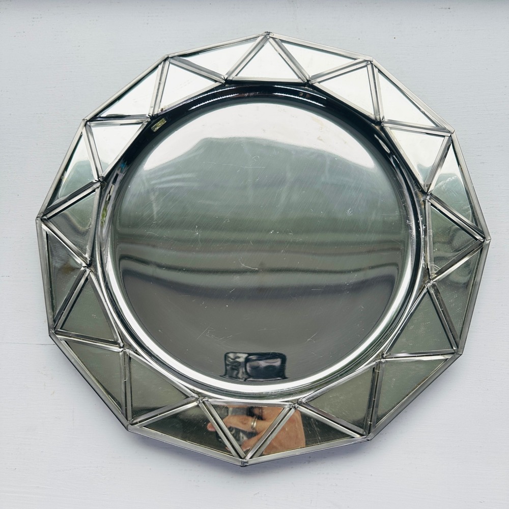 Pottery Barn Geometric Mirrored Vanity Tray Silver Metal Round Decorative 12in